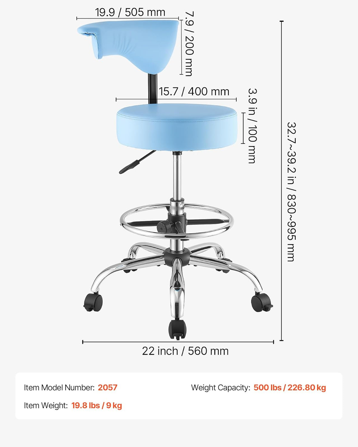VEVOR Taburete Giratorio de Trabajo, Taburete con Ruedas Respaldo y Reposapiés, Altura Ajustable de 54-70 cm, Soporta 226,8 kg, Asiento Ergonómico Acolchado y Tapizado, para Oficina Clínica, Azul