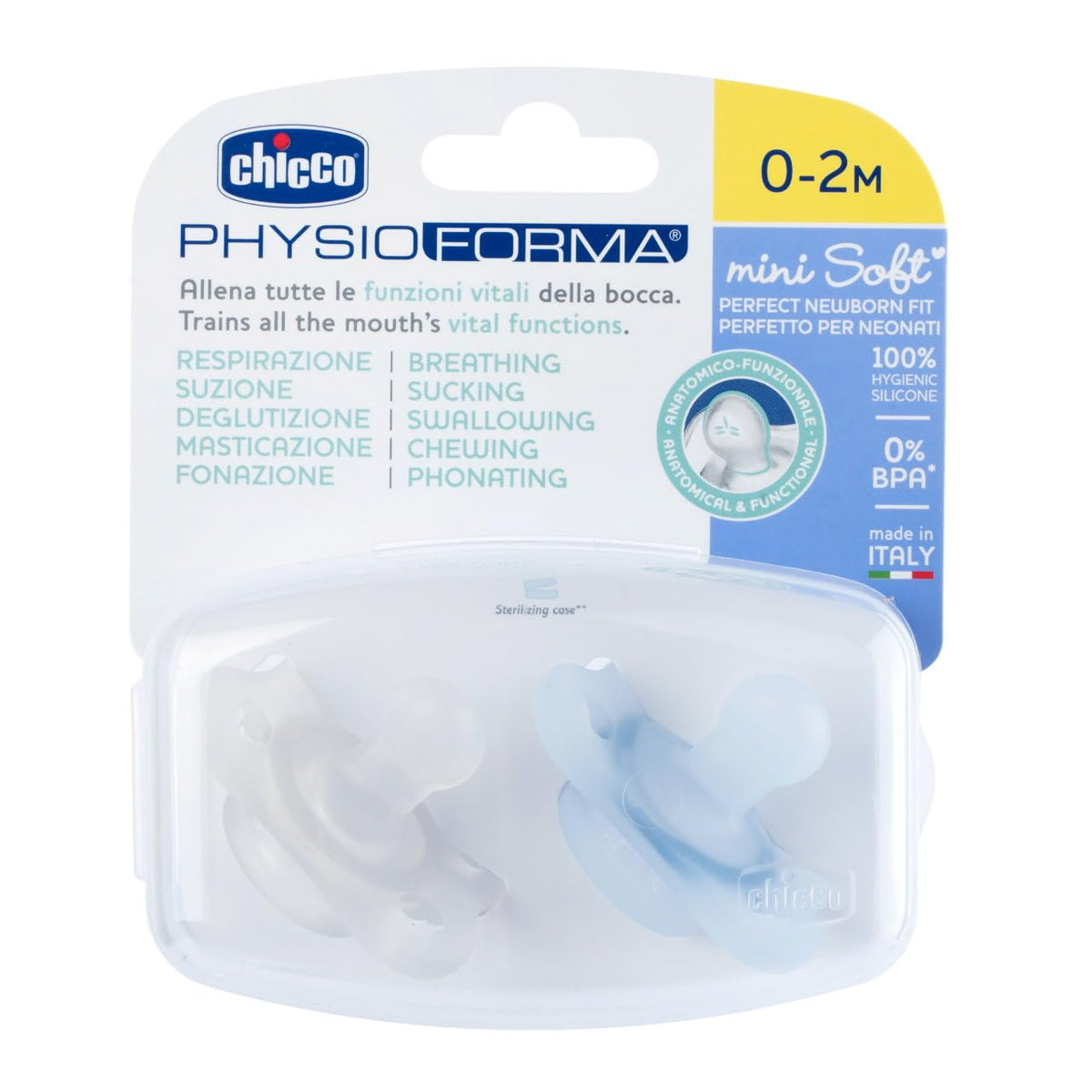 Chicco PhysioForma Chupón de Silicona 0-2 Meses, Apoyan la Respiración Fisiológica y Favorecen el Desarrollo Correcto de la Boca del Bebé, Pack 2 Piezas, Azul'