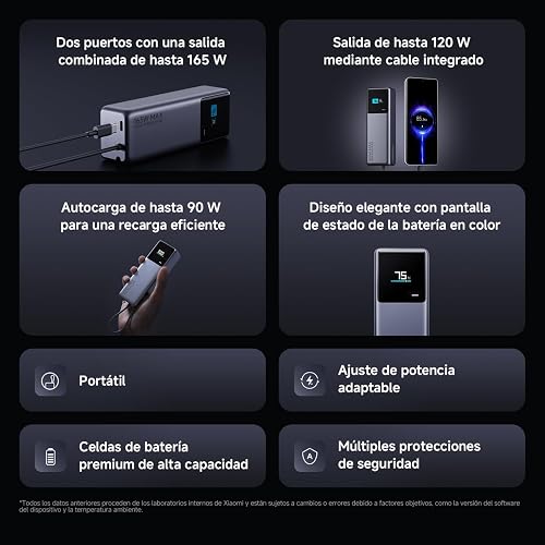 XIAOMI PowerBank 10000mAh 165W, Carga rápida, Gris | USB-C Integrado + USB-C, Cargador Portátil, Pantalla Inteligente TFT, 9Capas de Seguridad, Control de temperatura inteligente