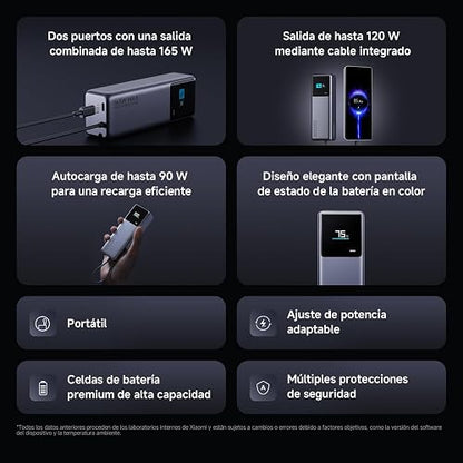 XIAOMI PowerBank 10000mAh 165W, Carga rápida, Gris | USB-C Integrado + USB-C, Cargador Portátil, Pantalla Inteligente TFT, 9Capas de Seguridad, Control de temperatura inteligente