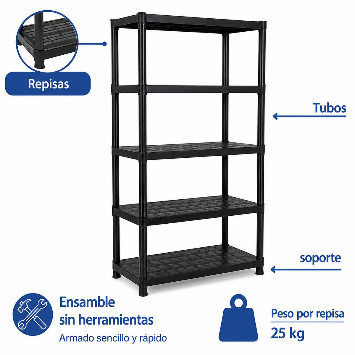 Italhome Rack De Plástico Mediano De 5 Niveles Color Negro, Estante Organizador Resistente Multiusos Soporta 125 Kg