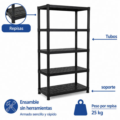 Italhome Rack De Plástico Mediano De 5 Niveles Color Negro, Estante Organizador Resistente Multiusos Soporta 125 Kg