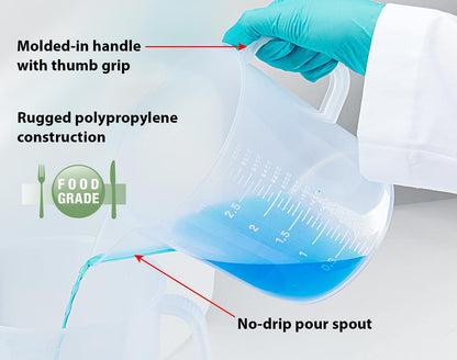 Globe Scientific - Vaso de laboratorio de plástico transparente de 3000 ml, graduado en ml, con asa ergonómico y boquilla sin goteo, cada uno