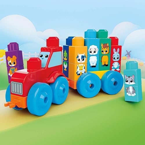 Mega Bloks, Tractor Animalitos Arma y Combina, con Bloques Grandes y Personajes de Granja, para niños de 1 año y Medio en adelante