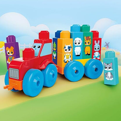 Mega Bloks, Tractor Animalitos Arma y Combina, con Bloques Grandes y Personajes de Granja, para niños de 1 año y Medio en adelante