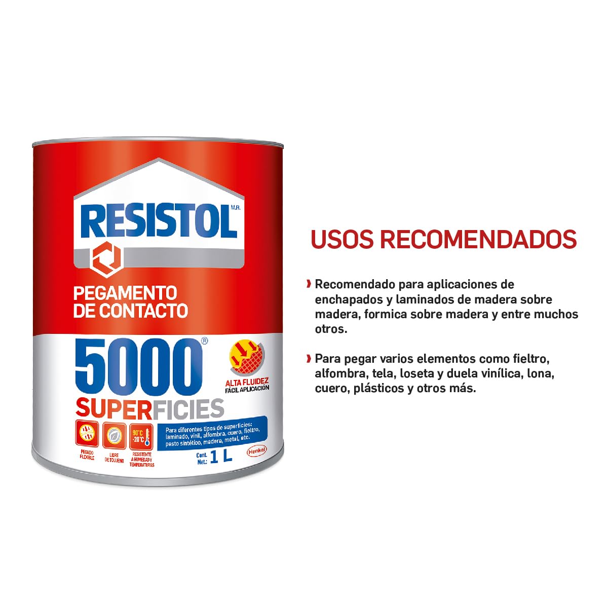 Resistol 5000 Superficies, pegamento para armado, bricolaje, laminado, enchapado y ensamble, adhesivo de fuerte agarre para madera, fieltro, cuero, metal y otros materiales, 1x1lt