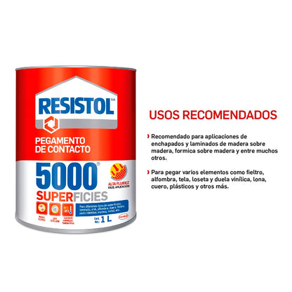 Resistol 5000 Superficies, pegamento para armado, bricolaje, laminado, enchapado y ensamble, adhesivo de fuerte agarre para madera, fieltro, cuero, metal y otros materiales, 1x1lt