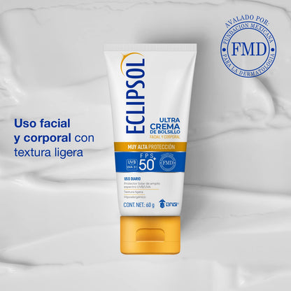 Eclipsol - Ultra Crema de Bolsillo, FPS 50+, Protector Solar Facial, 60 g | Hipoalergénico, textura ligera, resistente al agua, corporal, sin PABA ni parabenos, toda la familia desde 3 años