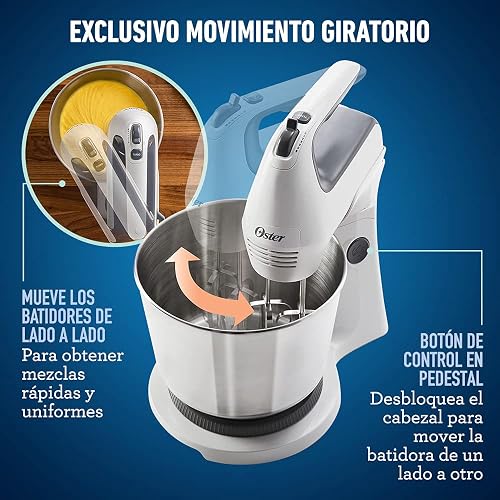 Oster Batidora de Mano y Pedestal 250 W con 6 Velocidades y Tazón de 3.7 L | Acción giratoria para mezclar 2 veces más rápido y uniforme, función Turbo, incluye ganchos amasadores, blanco, FPSTHS3612