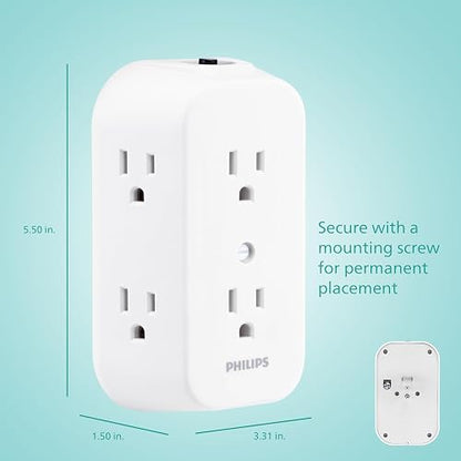 Philips, Multicontacto De Pared De 6 Salidas con Accesos Laterales E Interruptor De Voltaje Reseteable con Conexión A Tierra, Perfecto para Cargar Teléfonos Móviles, Blanco, 1 Unidad, SPS1460WA/37