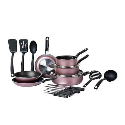 Ekco | Batería de Cocina Serum 19 Piezas de Aluminio Antiadherente Rosa | Revestimiento antiadherente, Cocción uniforme, Fácil limpieza, Uso diario, Calentamiento rápido, Mangos y asas de baquelita
