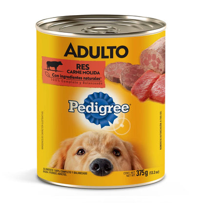 Pedigree Alimento Húmedo para Perros Adultos, Sabor Res Carne Molida 375 Gr, Paquete De 24 Latas