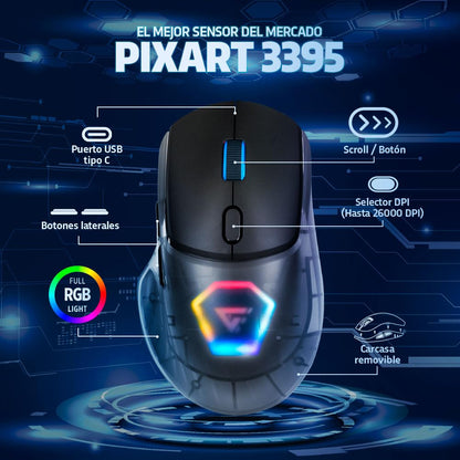 GAME FACTOR MOW700-BK Mouse Inalámbrico Gaming, Multiconectividad 2.4GHz y Bluetooth, Sensor Pixart 3395, 26,000 dpi, RGB, Carcasas Intercambiables, Batería Recargable, Compatible con PC y Laptops