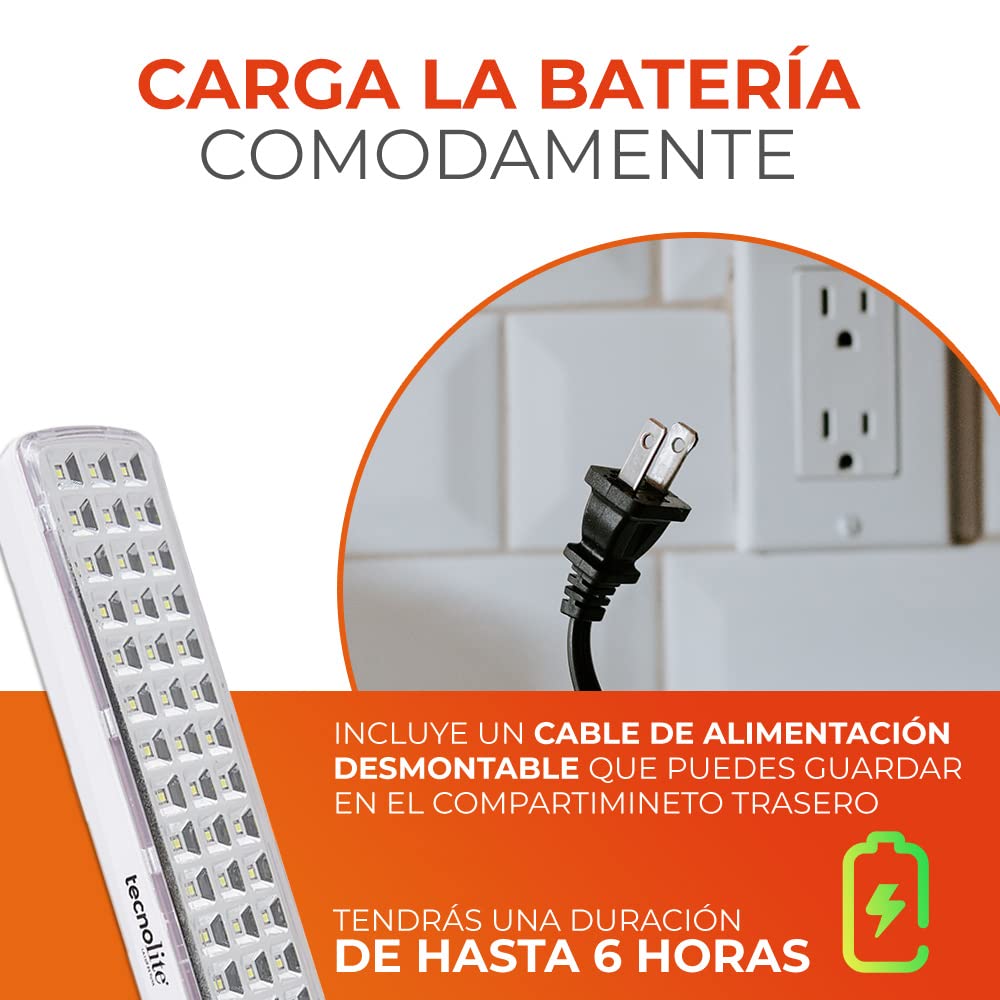 Tecnolite - Lámpara LED de Emergencia Portátil, Lámpara de Emergencia Recargable, Iluminación Interiores: Luz de Día 6500 k, 1 Watts, 180 Lumens,100 - 240 Volts.