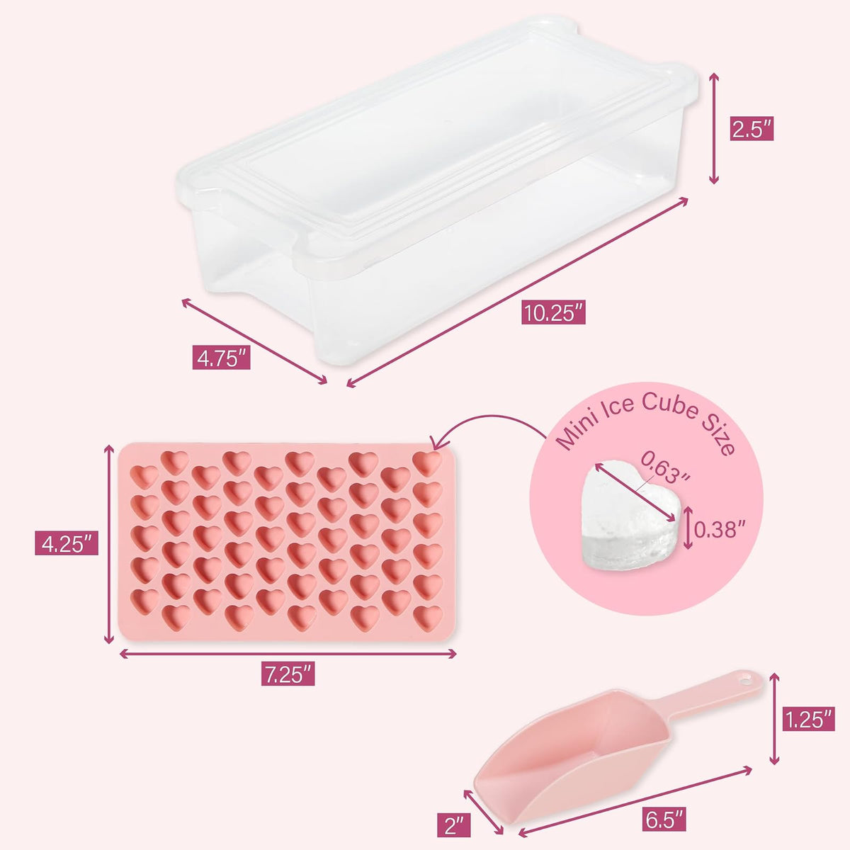 Paris Hilton - Juego de mini bandejas para cubitos de hielo en forma de corazón, incluye 3 moldes para cubitos de hielo, contenedor de almacenamiento para cubitos de hielo con tapa y cuchara de hielo