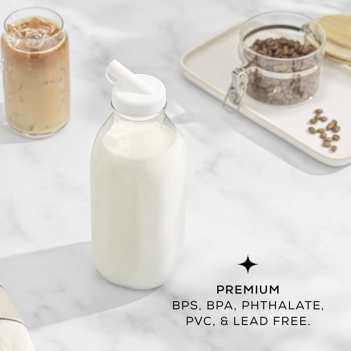 JoyJolt - Botellas de leche de vidrio con tapas y vertedor, 32 onzas, paquete de 3 botellas de vidrio herméticas resistentes y reutilizables, a prueba de fugas, sin BPA, grado alimenticio, apto para
