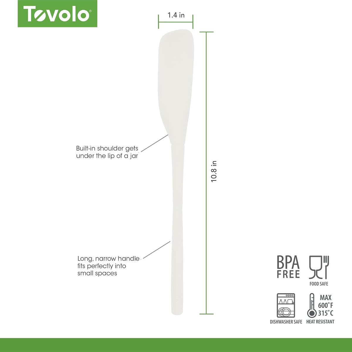 Tovolo Flex-Core - Raspador de silicona para tarros, color blanco, espátula de goma de mango largo con cabeza en ángulo para recoger y raspar, espátulas resistentes al calor para uso en cocina, apto