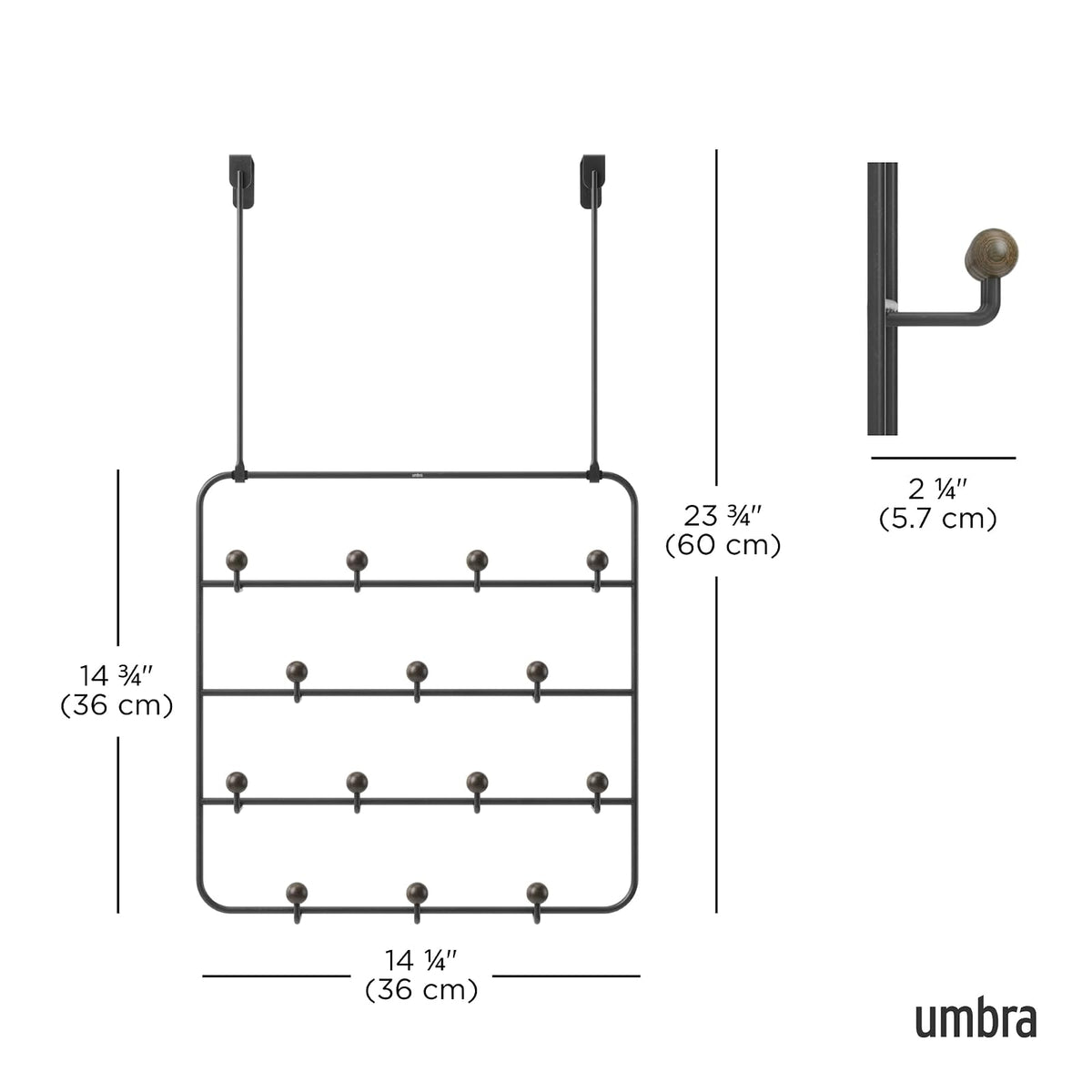Umbra Estique Organizador con múltiples ganchos | Clavijas de madera de acero, sin enganches, se adapta a puertas de 1.6 pulgadas, acabado recubierto de energía