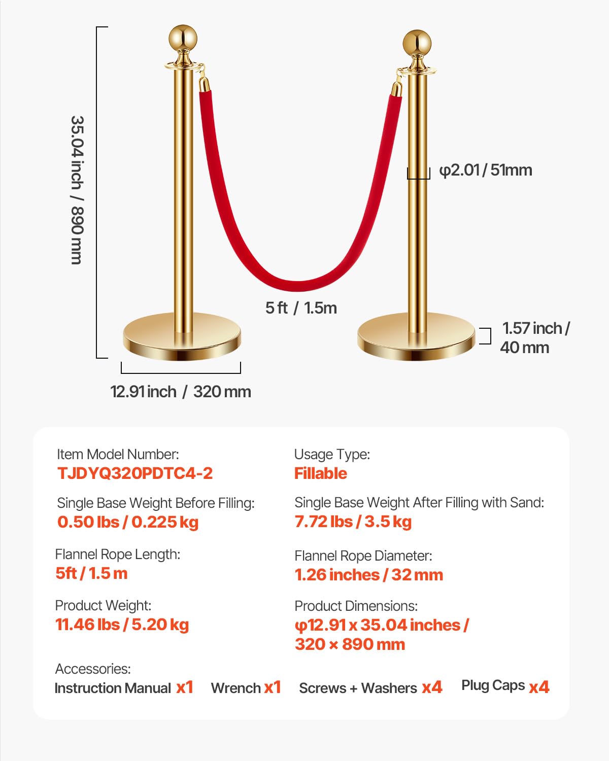 VEVOR 4 PCS Poste de Estaca de Acero Inoxidable de 1,5 m con Base Hueca de Inyección de Arena y 2 Cuerdas de Terciopelo Rojo, Barreras de Control de Multitudes para Teatro, Fiesta, Boda, Dorado