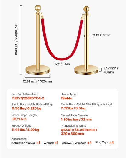 VEVOR 4 PCS Poste de Estaca de Acero Inoxidable de 1,5 m con Base Hueca de Inyección de Arena y 2 Cuerdas de Terciopelo Rojo, Barreras de Control de Multitudes para Teatro, Fiesta, Boda, Dorado