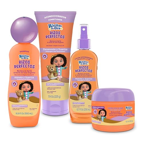 Ricitos de Oro. Kit de cuidado del cabello rizado. Shampoo, acondicionador, crema para peinar y loción desenredante. 500 ml