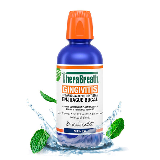 TheraBreath Enjuague Bucal sin Alcohol Gingivitis, Menta 473 ml. | Controla la Placa y Sangrado de Encías. Combate el Mal Aliento por 12 Horas. Sin Sabores ni Colorantes Artificiales.