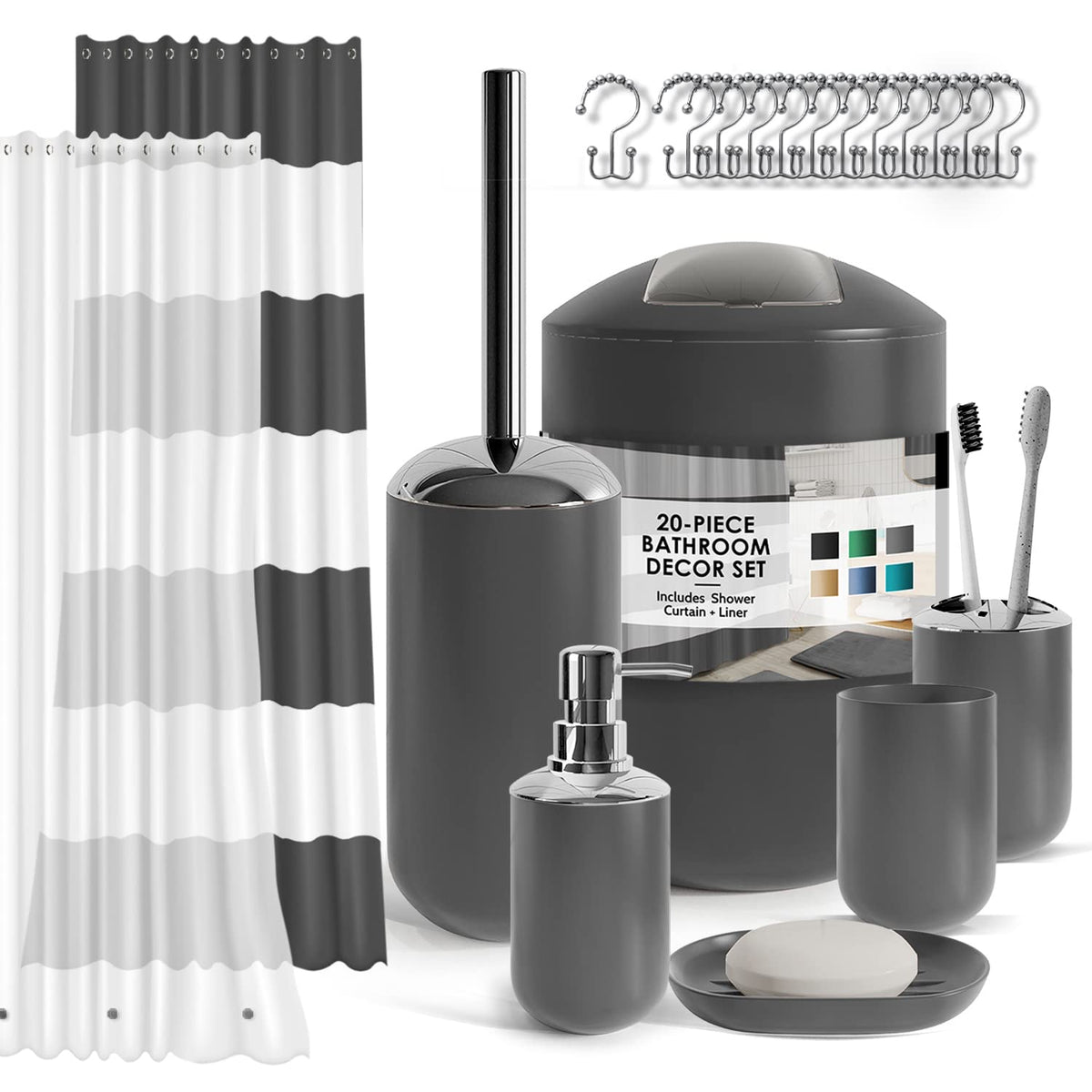 CLARA CLARK - Juego de Accesorios de baño, Juego de Cortina de Ducha, dispensador de jabón, Cepillo para Polvo de Inodoro y Bote de Basura (Gris, Juego Completo)