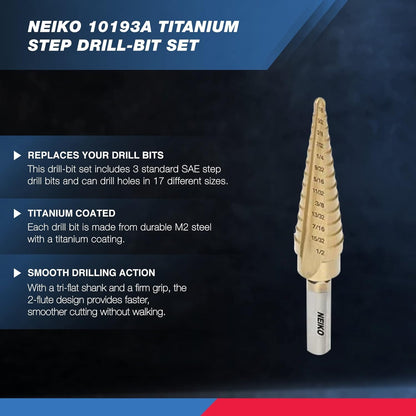 Neiko - Juego de 28 brocas de paso de titanio, Unibit, de acero de alta velocidad, estándar (SAE), para metal