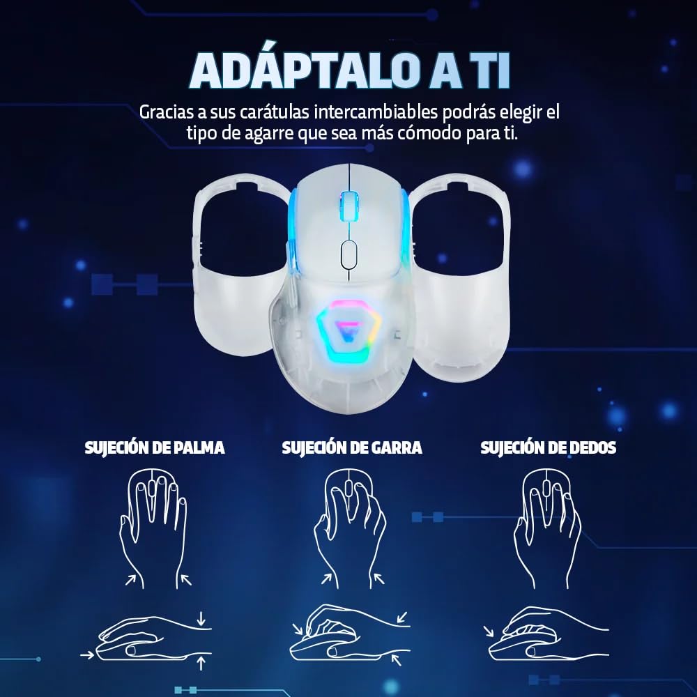 GAME FACTOR MOW800-WH Mouse Gamer Inalambrico RGB Óptico Pixart 3395 26,000 dpi Base Magnetica RGB Ultra Baja Latencia Ultra Ligero 56 Gramos Bluetooth Doungle 2.4 GHz Color Blanco