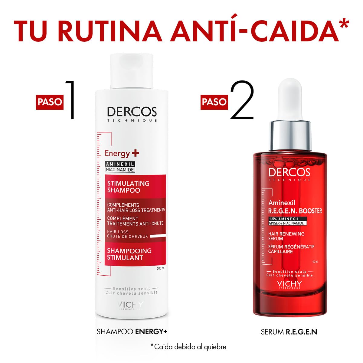Vichy Dercos Energy+ Shampoo Dermatológico Anti-Caída y Estimulante 200ml | Trata la Caída y Estimula Crecimiento del Cabello, con Aminexil y Niacinamida, Aporta Fuerza y Volumen