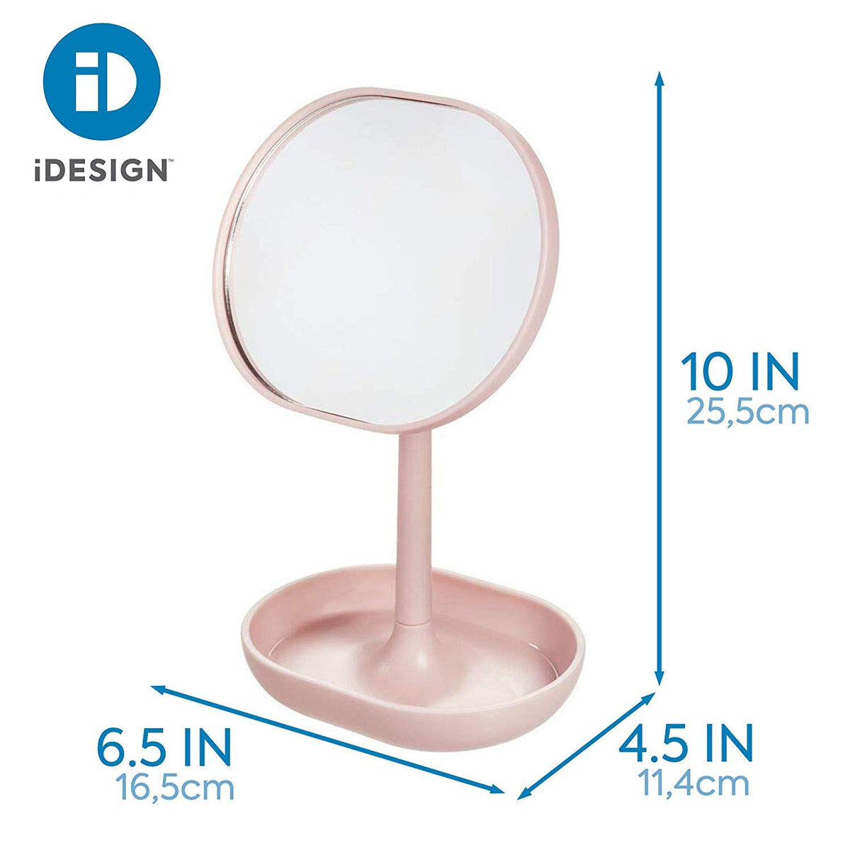 iDesign Cade Plastic Round Vanity, Standing Makeup Mirror and Accessory Tray for Countertop, Bathroom, Bedroom, Desk, Dorm, Blush