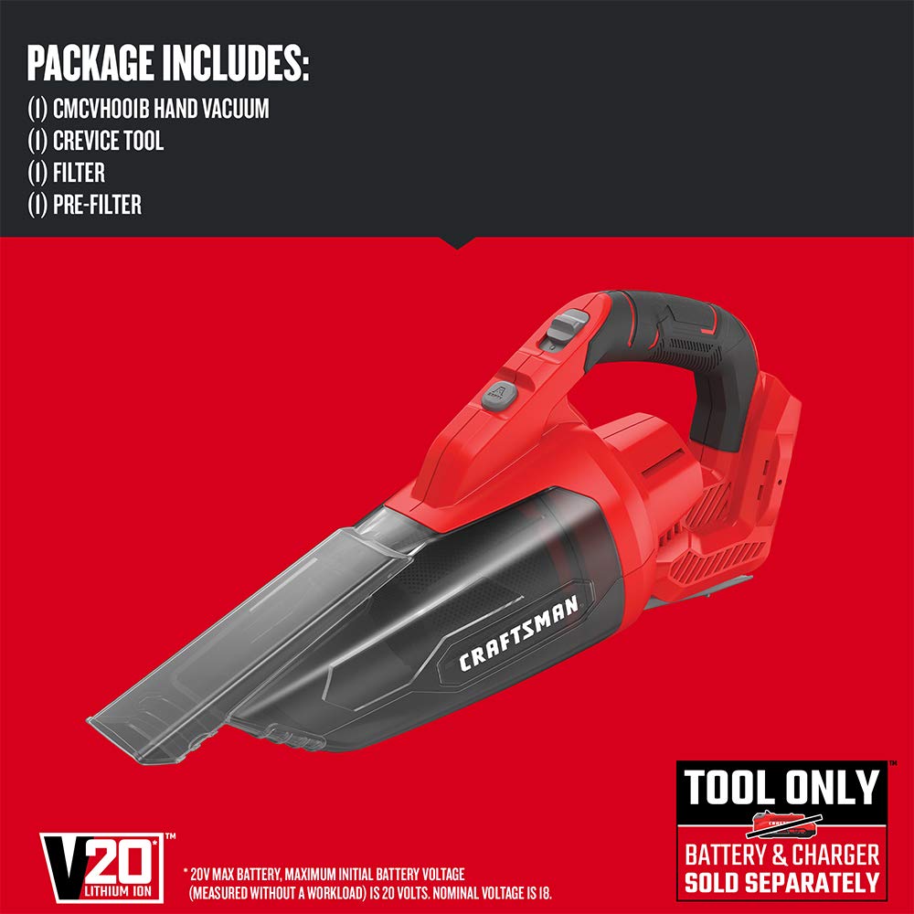 Craftsman V20 Aspiradora de Mano inalámbrica, 45 CFM, Sistema de filtración de 2 etapas con Filtro, Solo Herramienta Desnuda (CMCVH001B)