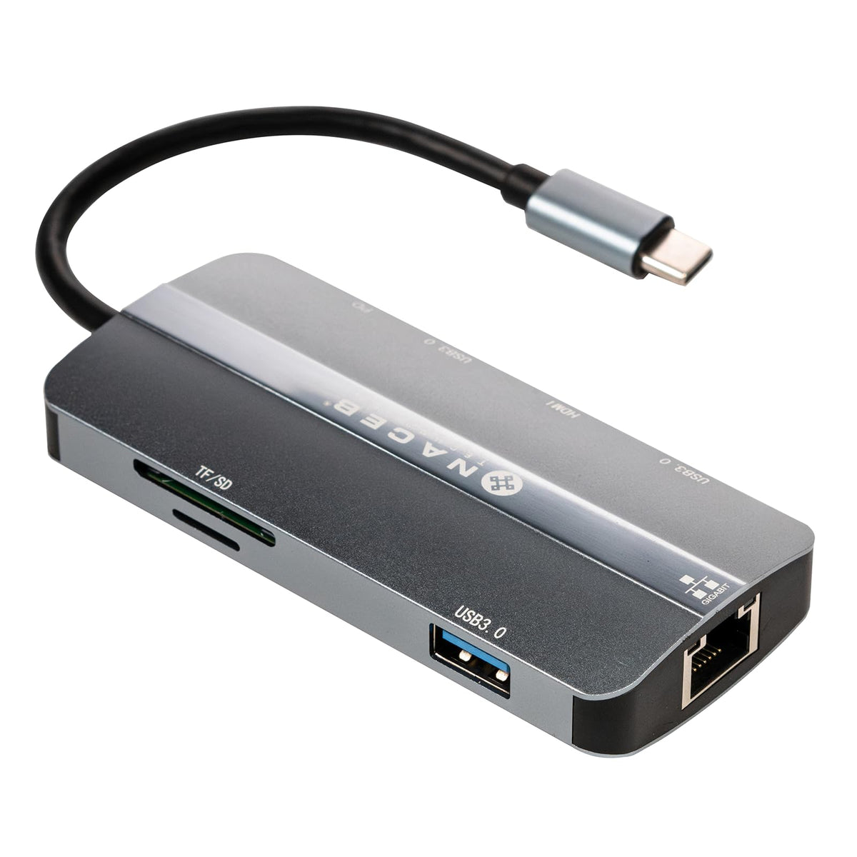 NACEB Technology - Hub USB-C 8 En 1 para Laptop - HDMI 4K RJ45 Ethernet 3 USB 3.0 Lector SD TF Carga PD 100W - NA-0129 Gris