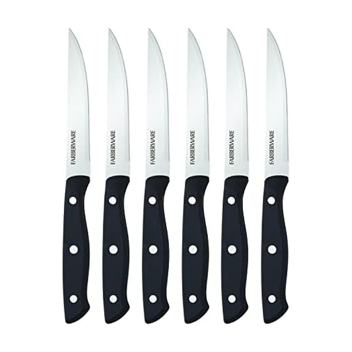Farberware Juego de Cuchillos de Carne 6 Pzs | Acero inoxidable alto carbono, negro, 4.5 in, triple remachado, borde fino