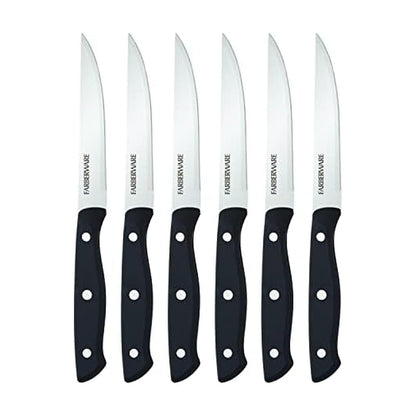 Farberware Juego de Cuchillos de Carne 6 Pzs | Acero inoxidable alto carbono, negro, 4.5 in, triple remachado, borde fino
