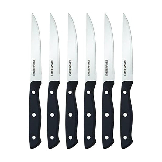 Farberware Juego de Cuchillos de Carne 6 Pzs | Acero inoxidable alto carbono, negro, 4.5 in, triple remachado, borde fino