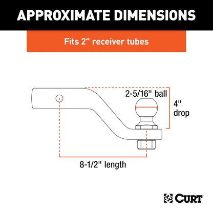 CURT Soporte de Enganche de Remolque con Bola de 2-5/16 in y Pin para Receptor de 2 in 45332, 15000 LB, Caída de 4 in, Negro