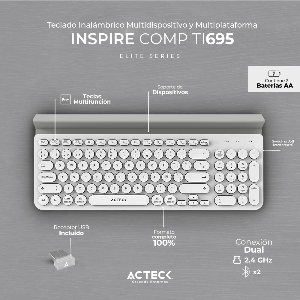 Teclado Multidispositivo Inspire Comp TI695 / 2.4Ghz + 2 Modos BT Soporte para Dispositivo + 2xBat AAA Incluidas Blanco Elite Series