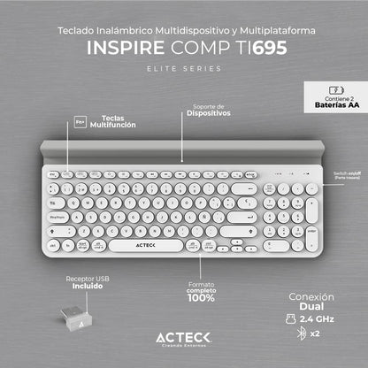 Teclado Multidispositivo Inspire Comp TI695 / 2.4Ghz + 2 Modos BT Soporte para Dispositivo + 2xBat AAA Incluidas Blanco Elite Series