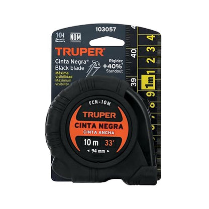 Truper FCN-10M, Flexómetro contra impactos 10 m Cinta Negra 32 mm