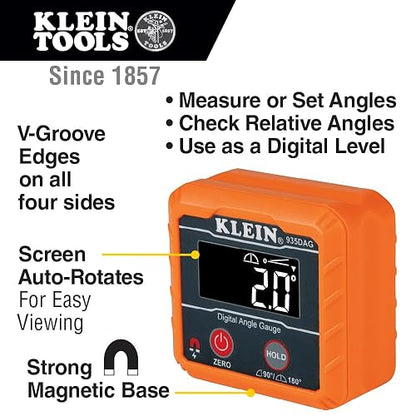 Klein Tools - Nivel Digital e inclinómetro, mide o fija ángulos, verifica ángulos relativos con función de cero calibración, o se puede usar como nivel digital 935DAG