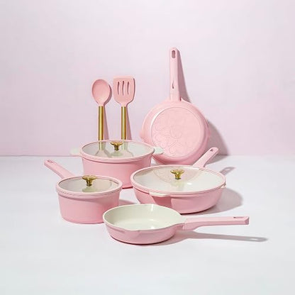 Paris Hilton - Juego de utensilios de cocina antiadherentes de cerámica de aluminio fundido con revestimiento antiadherente de doble capa, perillas de corazón dorado, asas que se mantienen frescas,