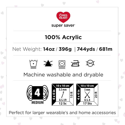 Red Heart Super Saver Jumbo - 2 paquetes de 10 oz/283 g - 100% acrílico - #4 Worsted (mediano) - 482 yardas - Tejer/Crochet