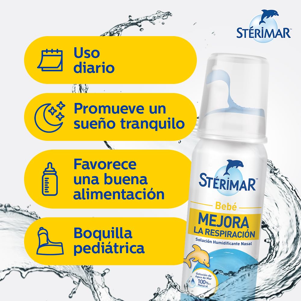 Stérimar Solución Humidificante Nasal Bebé 50 ml. | Mejora la Respiración. Para la Higiene y Limpieza Diaria. Con Boquilla Pediátrica de Seguridad. Facilita la Alimentación.