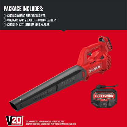 CRAFTSMAN - Soplador de Hojas inalámbrico de 20 V MAX con batería y Cargador, soplador eléctrico de Superficie Dura, Potente hasta 90 mph, Rojo (CMCBL710D1)