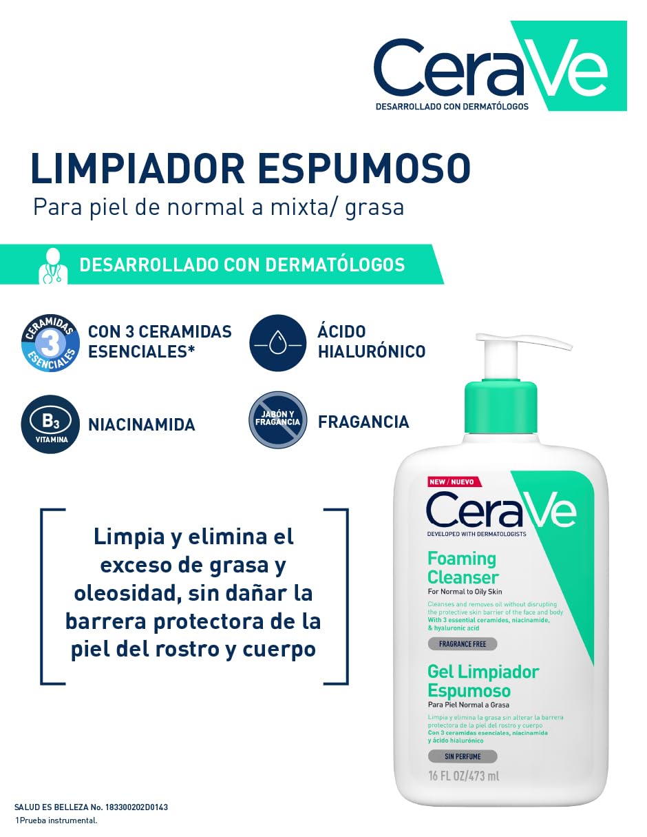 CeraVe Gel Limpiador Espumoso para Piel Normal a Grasa con Ceramidas Esenciales, Niacinamida y Ácido Hialurónico que Protege e Hidrata la Barrera Natural de la Piel, 473ml
