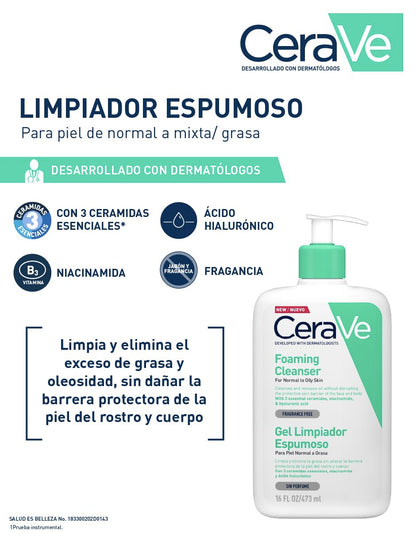 CeraVe Gel Limpiador Espumoso para Piel Normal a Grasa con Ceramidas Esenciales, Niacinamida y Ácido Hialurónico que Protege e Hidrata la Barrera Natural de la Piel, 473ml