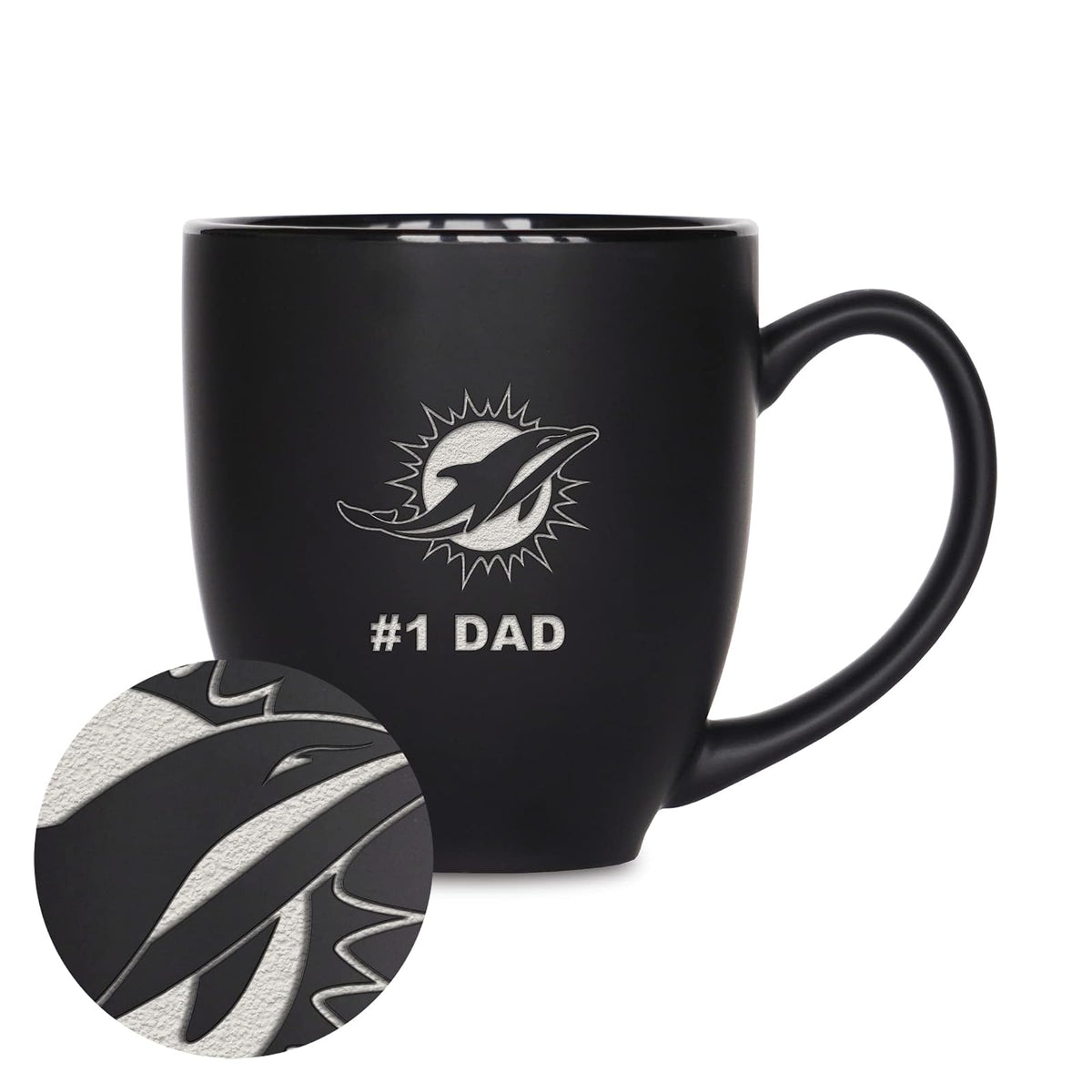 Rico Industries NFL Football Miami Dolphins #1 Dad - Taza de cerámica negra mate grabada con láser, para bebidas calientes o frías