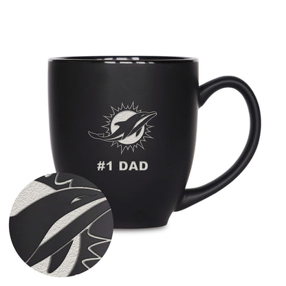 Rico Industries NFL Football Miami Dolphins #1 Dad - Taza de cerámica negra mate grabada con láser, para bebidas calientes o frías