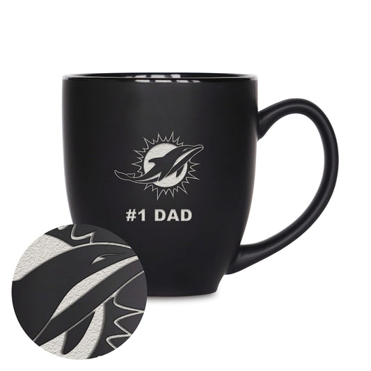 Rico Industries NFL Football Miami Dolphins #1 Dad - Taza de cerámica negra mate grabada con láser, para bebidas calientes o frías